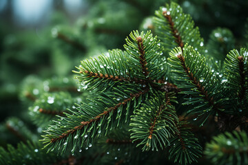 Closeup Image of Fir Tree Branch with Water Droplets in Bright Day AI Generative
