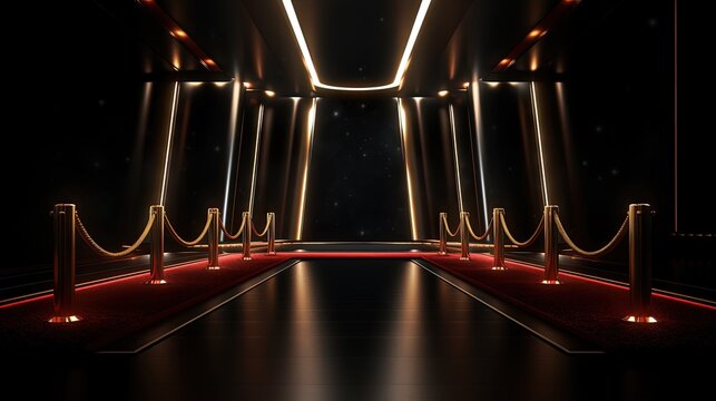 3d render image of an entrance with red carpet and side lights with black background. celebrity and exclusivity concept.