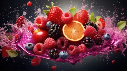 Gordijnen Fruit burst. Splash of juice. Sweet tropical fruits and mixed forest berries with juice splash 3d rendered. Raspberries, blueberries, black berries, floating with juice splash. juice Creative ad. © HN Works