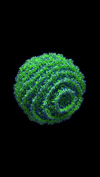 3D sphere made up of small balls, that grow and change color, turns into vibrant beautiful abstract shape. Organic chemistry, microbiology and science concept. Slow motion abstract vertical animation