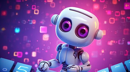 Cute robot playing basketball isolated over purple background. Technology concept. 3d rendering.