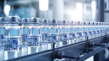 Obraz premium Production line of beauty and healthcare products at plant or factory. Process of manufacturing and packaging cosmetics goods. Glass or plastic bottles with screw caps standing on conveyor belt