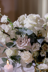 Table decoration for guests and newlyweds. Wedding decoration. Wedding dinner.