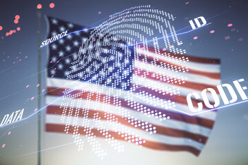 Abstract virtual fingerprint hologram on USA flag and sunset sky background. Multiexposure