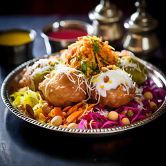 Photo of a colorful plate of raj kachori, a North Indian delight, captured with a wide-angle lens for variety Generative AI - obrazy, fototapety, plakaty