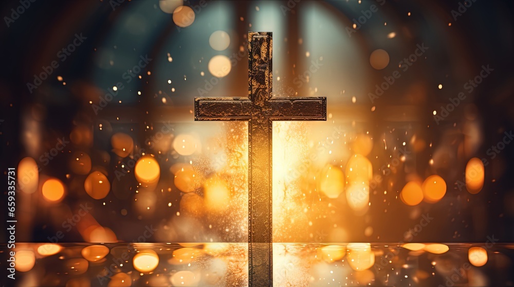 Aufkleber abstract christian cross in church on clean background and bokeh.