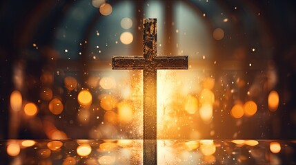 Abstract christian cross in church on clean background and bokeh. - obrazy, fototapety, plakaty