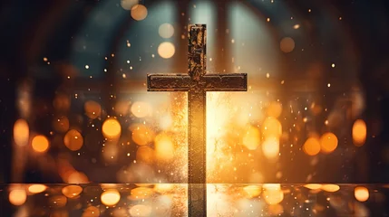 Deurstickers Abstract christian cross in church on clean background and bokeh. © HN Works