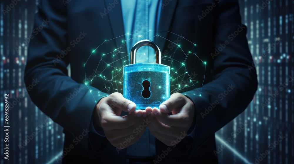 Poster Smart protection against digital attacks concept.businessman holding internet network security padlock,Cyber security and network data protection,RPA,encryption security of personal data of users.