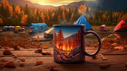 Metal mug with drink and beautiful bonfire near camping tent in mountains