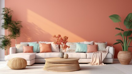 Fototapeta na wymiar Boho cozy living room design, bright wall mockup, 3d render, 3d illustration