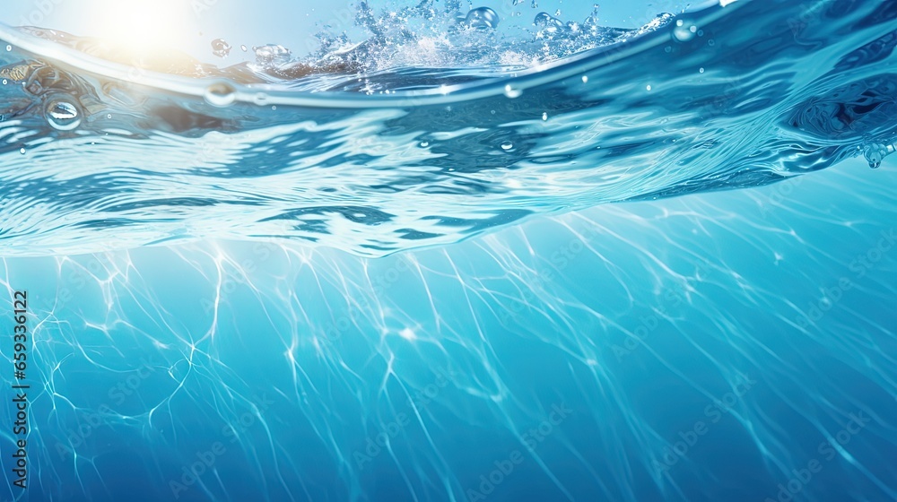 Aufkleber Clear water surface with ripple wave splashes and drops in swimming pool. Abstract turquoise or blue texture water wave and sunlight shadow reflections for background