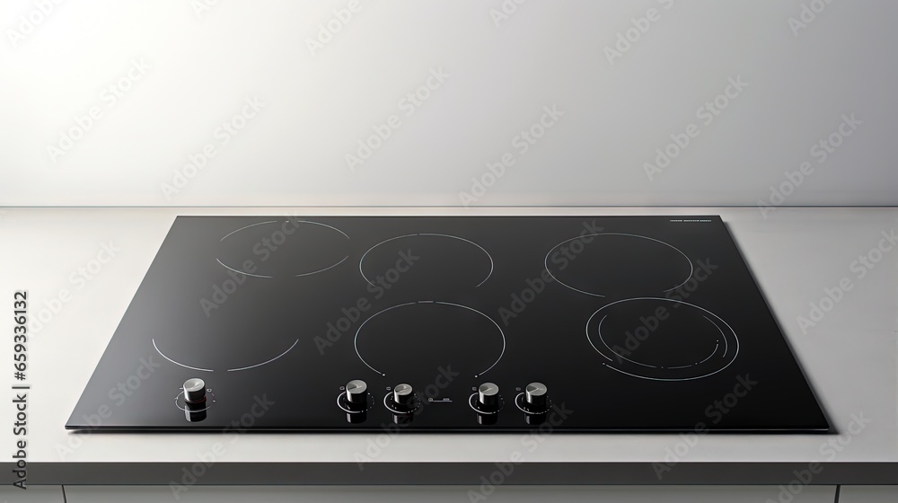 Wall mural Flat cooktop cooking induction electric built black stove. Grey countertop with black glossy built in ceramic tempered glass induction or electric hob stove cooker with four burners in kitchen.