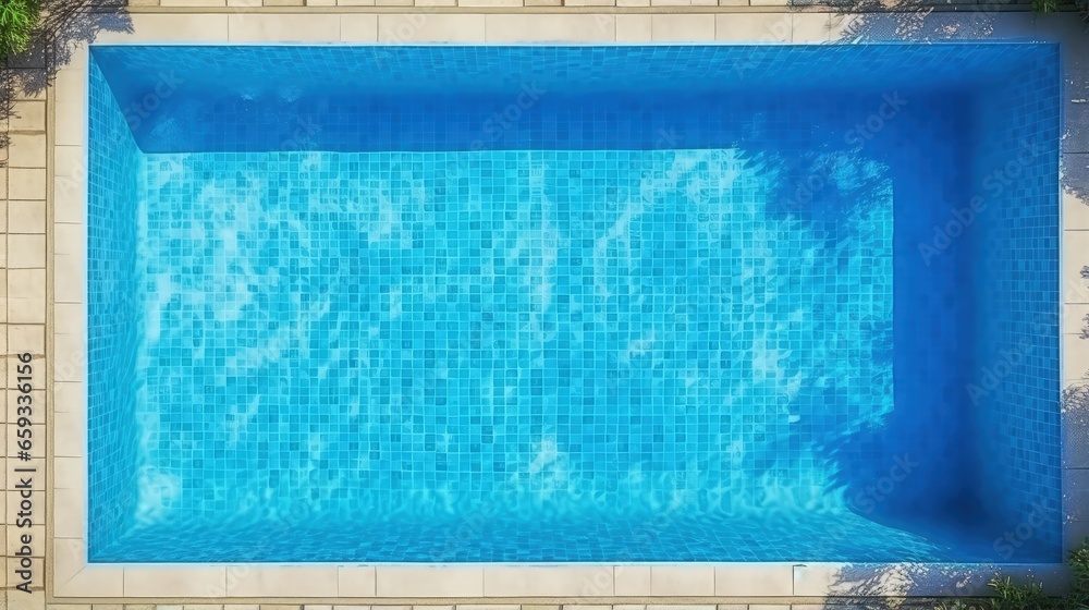 Poster top view of a beautiful idyllic rectangular swimming pool with blue mosaic at the bottom