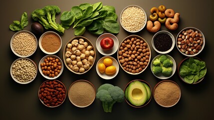 Fototapeta na wymiar Top view of alternative sources of plant proteins for Vegan, Plant-based, Vegetarian diet such as tofu, nuts, tempeh, nutritional yeast etc. Which higher in fiber and less fat than animal protein.