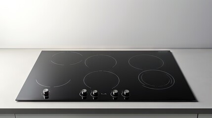 Flat cooktop cooking induction electric built black stove. Grey countertop with black glossy built in ceramic tempered glass induction or electric hob stove cooker with four burners in kitchen. - obrazy, fototapety, plakaty