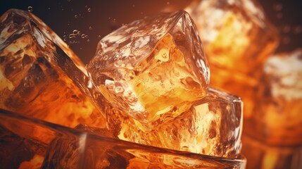Closeup view of soda water with ice. Toned in orange