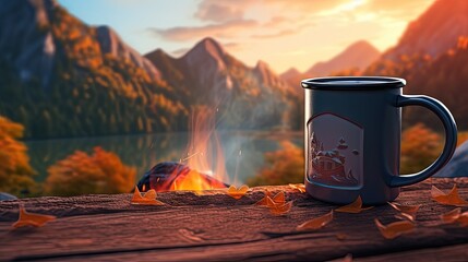 Metal mug with drink and beautiful bonfire near camping tent in mountains