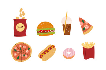 Fastfood illustration. Set of unhealthy food.