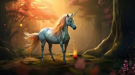 A beautiful unicorn in a magical forest - digital illustration