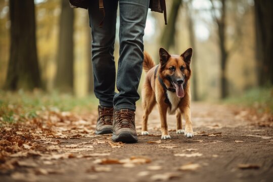 pedestrian walking with dog in park forest. travel concept. close-up view of a legged man walking with a dog in a park in the forest. pet dog walking travel concept.