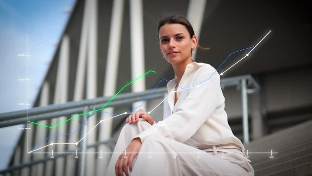Confident businesswoman looks determined sitting on the steps in front of business building with positive rising graph insertion