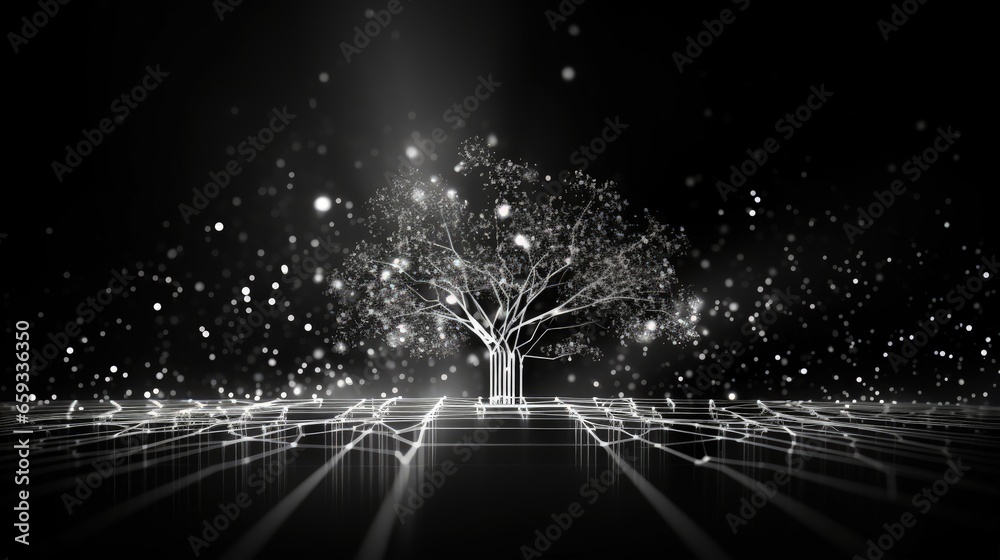 Poster Data stream. Big data 3D illustration. Neural network and cloud technologies. Global database and artificial intelligence. Bright, black and white background with bokeh effect