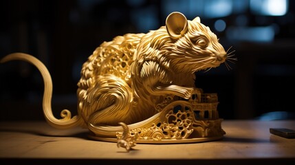 progress of the manufacturing of a rat sculpture from shiny golden filament by 3D-printer in dark surrounding for chinese new year celebration - support underneath object - obrazy, fototapety, plakaty