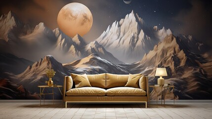 3d modern canvas art mural wallpaper landscape moon, golden christmas trees, colorful mountains
