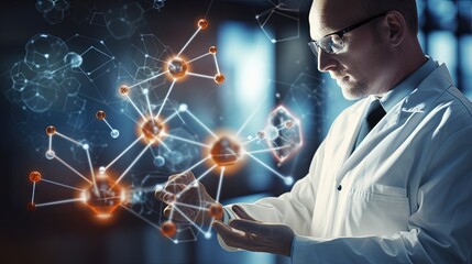 View of a Doctor touching a 3d molecule concept - 3d rendering