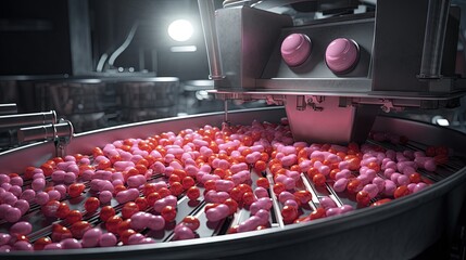 automatic robot with vacuum suckers and conveyor in Production of candy in a manufacture factory for the food industry - obrazy, fototapety, plakaty