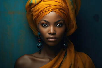 portrait of a beautiful african girl wearing colorful head scarf,