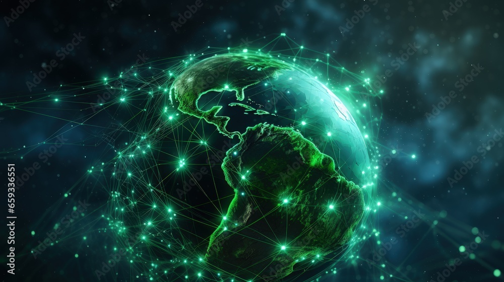Leinwandbilder Virtual planet Earth with particles and lines. Network connection big data. Abstract technology green background. 3D rendering.