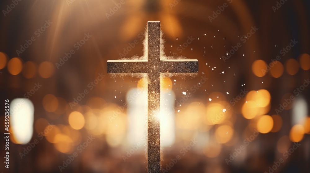 Aufkleber Abstract christian cross in church on clean background and bokeh.