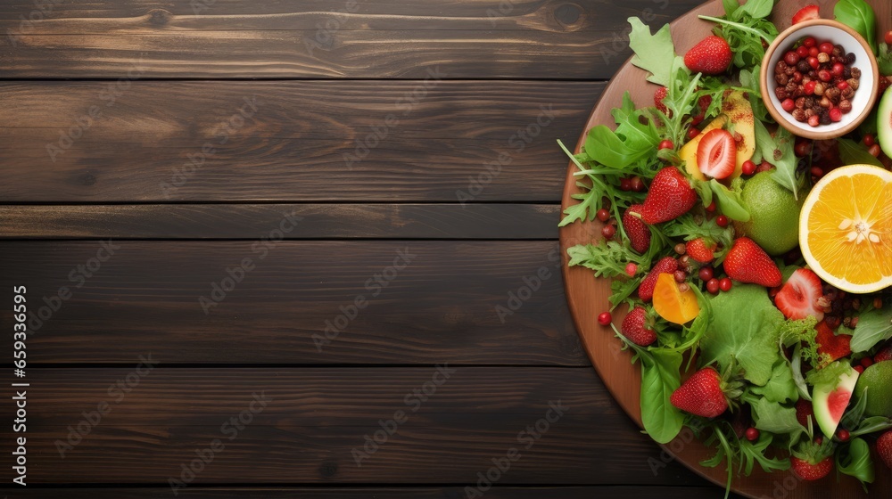 Poster fresh salad with fruits and greens on vintage wooden background top view with space for text.