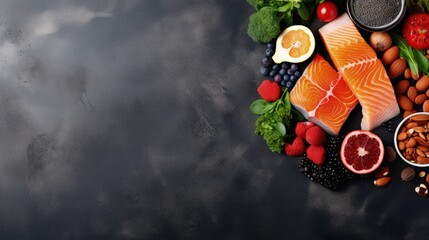 Obraz na płótnie Canvas Assorted food for brain health and good memory: fresh salmon, vegetables, nuts, berries on stone background. Healthy fresh products to boost brain power, top view