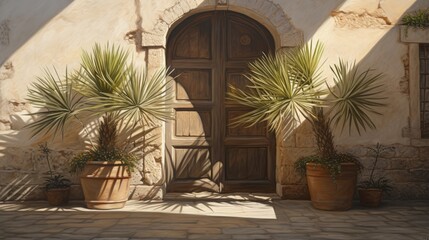 Fototapeta na wymiar The aesthetically beautiful exterior of a building in Sicily, Italy. Two yucca palms in pots in front of a doorway. Entrance to the old stone villa in the rays of the sun.
