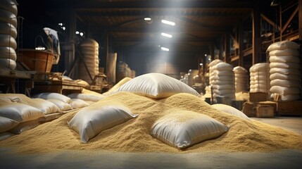 In a warehouse factory of bags rice grain, groats and a flour is prepared for sending to the consumer.