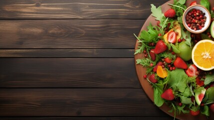 Naklejka na ściany i meble Fresh salad with fruits and greens on vintage wooden background top view with space for text.