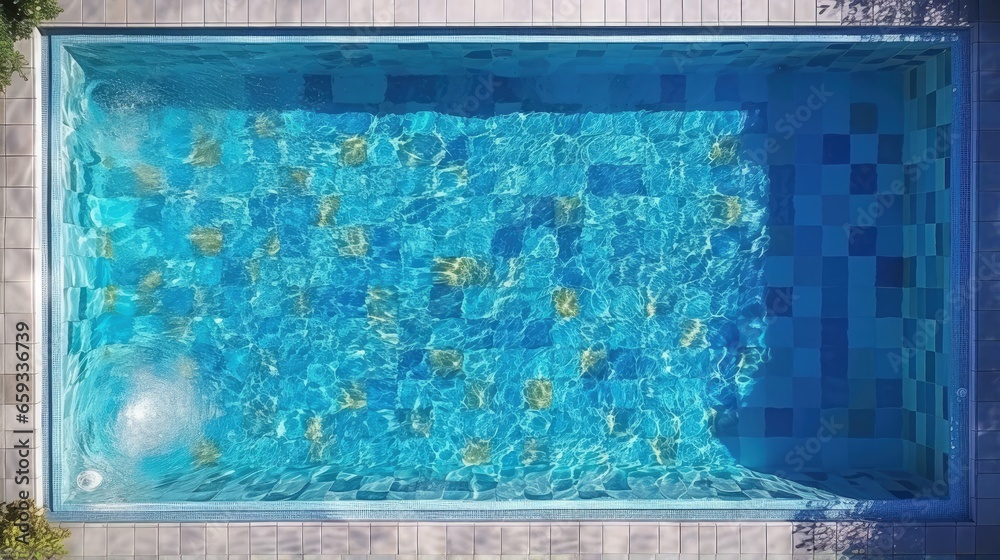 Poster top view of a beautiful idyllic rectangular swimming pool with blue mosaic at the bottom