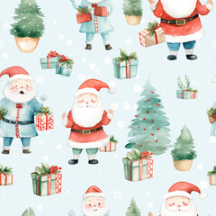 Seamless pattern, Cute cartoon Christmas , vintage watercolor design, AI generated