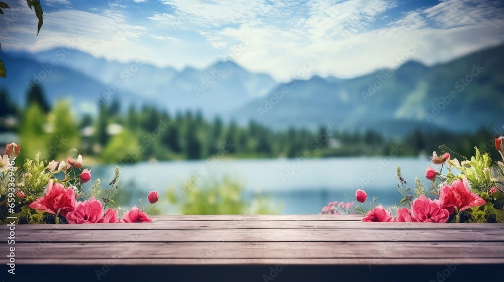 Aufkleber empty wooden table decorated with colorful flowers. blurred lake and mountain view background. copy 