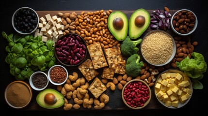 Top view of alternative sources of plant proteins for Vegan, Plant-based, Vegetarian diet such as tofu, nuts, tempeh, nutritional yeast etc. Which higher in fiber and less fat than animal protein.