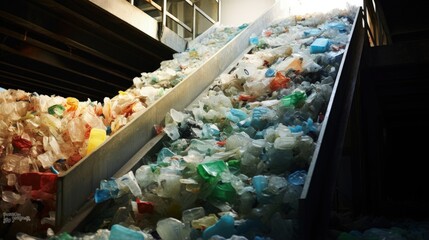 Obraz na płótnie Canvas Cube of compressed plastic garbage on a conveyor belt at waste sorting plant