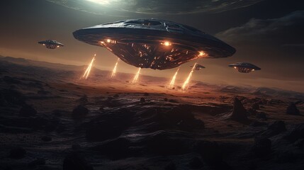 Fototapeta na wymiar Human aircraft sailing on the wasteland of alien stars, 3D illustration.