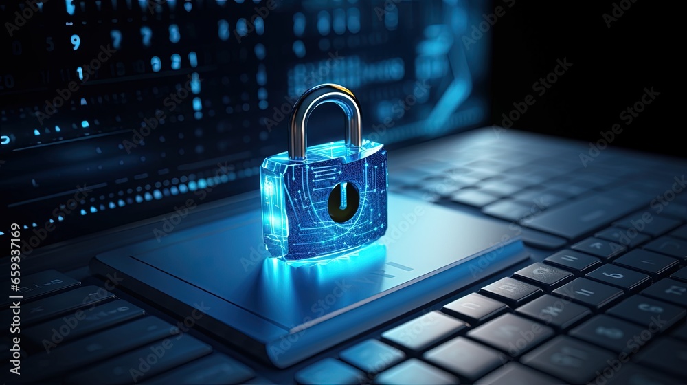 Poster computer security internet lock icon data protection symbol blue keyboard