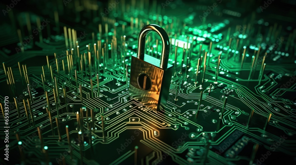 Poster a security lock on a computer circuit board surrounded by keys / random password hacking concept