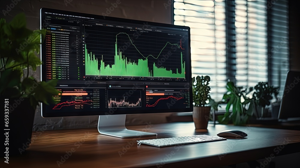 Poster Shot of a Desktop Computer in the Creative Modern Office. Monitor Screen Shows Company Growth Data with Graphs, Charts, Software UI.