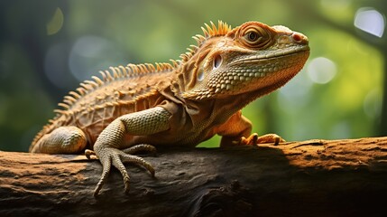 Obraz premium Oriental Garden Lizard on a branch, basking in the sun. This reptile with intricate scales is often found in Southeast Asia and makes for a great nature shot.