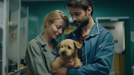 Young Couple with Their Puppy at the Veterinarian's Office